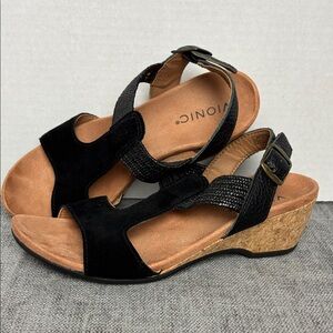Vionic Black Suede and Cork Wedge Sandals